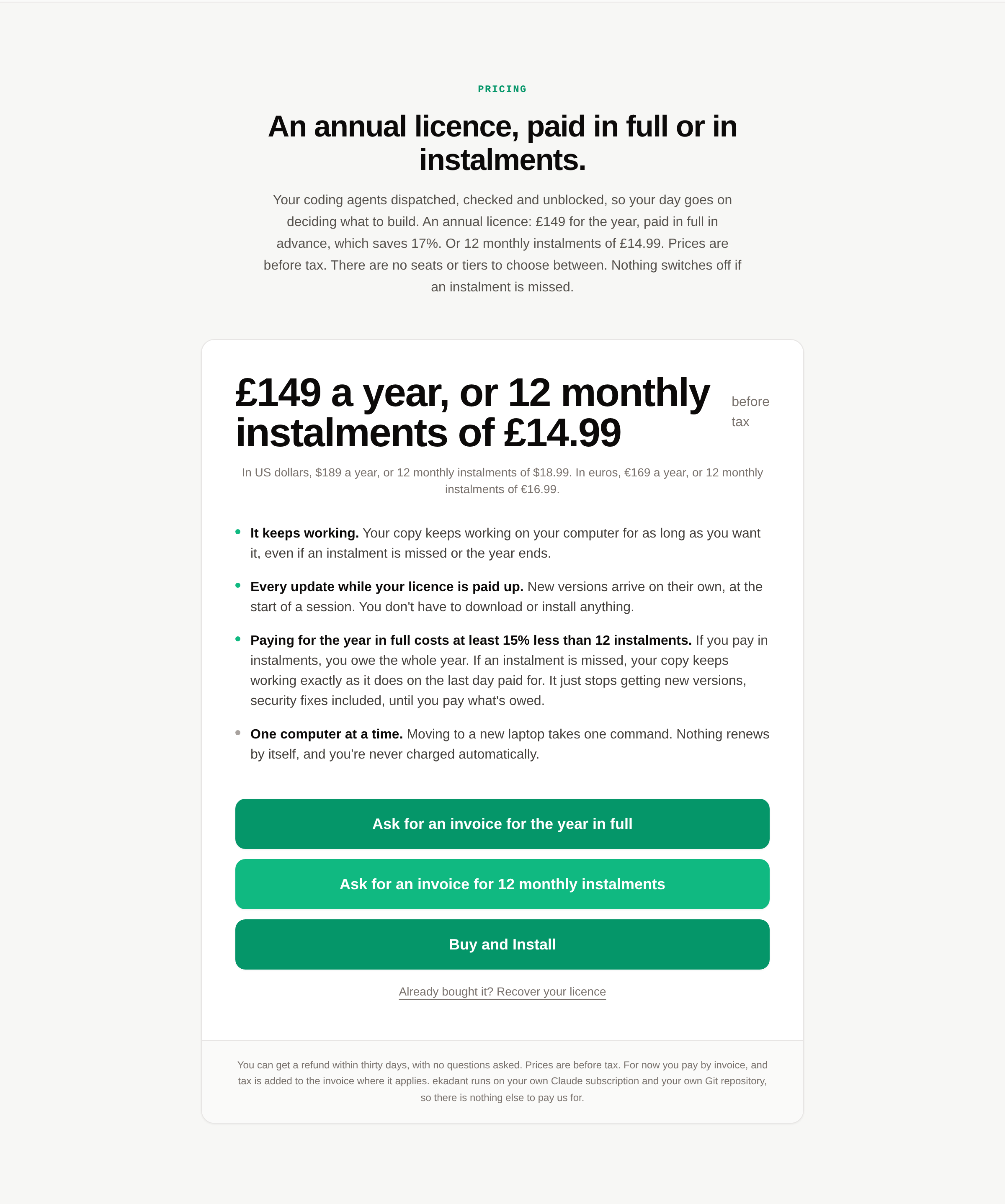 The pricing box: the price, what the licence includes, and the Buy and Install button.