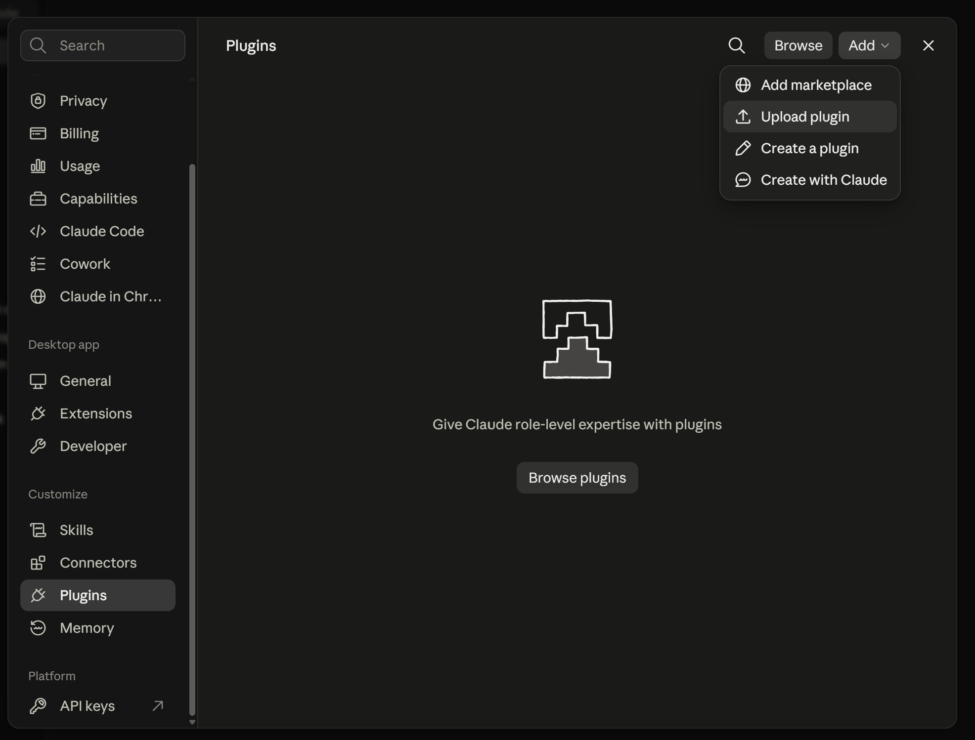 Claude's settings, with Plugins selected under Customize in the left sidebar and the Add menu open at the top right, showing Upload plugin highlighted above Create a plugin and Create with Claude.
